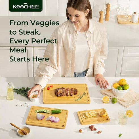 Set 3 Keechee Wood Cutting Board for Kitchen - Reversible Bamboo Cutting Boards Gift of with Juice Groove, Wooden