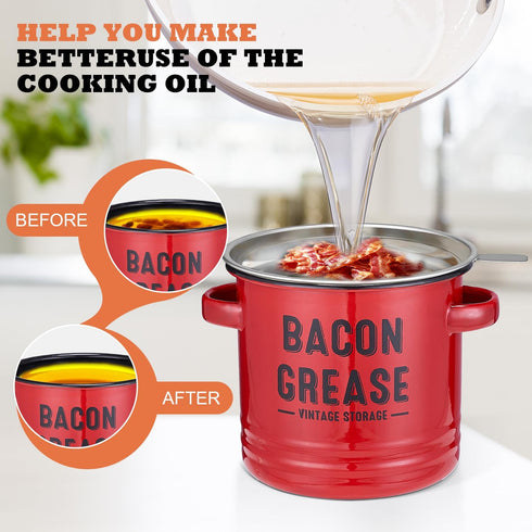 46OZ Bacon Grease Container with Strainer - Large Red Kitchen Oil Storage Can, Food Saver Bin with Lid | Farmhouse