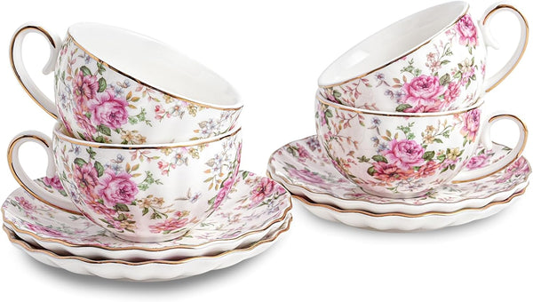 Agyiuns Tea Cup and Saucers, 6.4oz Floral Tea Cups with Gold Trim,