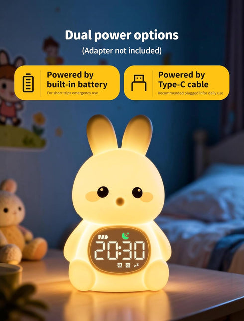 MASHI Bunny Alarm Clock, Toddler Sleep Training Clock with Sun & Moon, Sleep Sound Machine, Night Lights, Alarm Clock