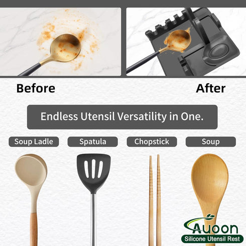 AUOON Silicone Utensil Rest and Pot lid holder with Drip Pad for Multiple Utensils,Dishwasher Safe,Heat-Resistant,BPA-Free Spoon Rest for Stove Top,Kitchen Utensil Holder for Spoons,Ladle,Tong & More