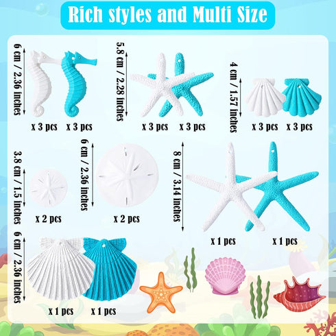 Jetec 26 Pcs Beach Ocean Themed Christmas Ornaments, Bulk Resin Starfish & Seashell Decorative Nautical Ornaments for