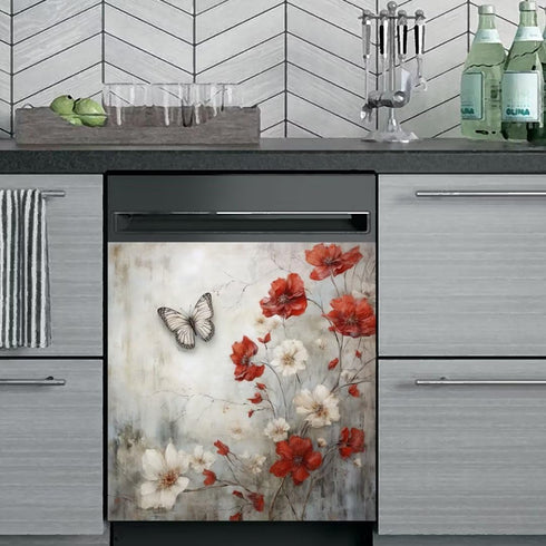 Rustic Farmhouse Magnetic Dishwasher Cover, White and Red Flowers Vinyl Decal, 23Wx26H Inches