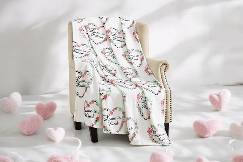 50" 60" Spring Wedding Fleece Throw Blanket: Love is Kind Patient Pink White Red Design Floral Hearts, x Velvety Soft