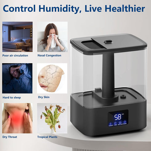 4L 60H 3 8H 6L) KZF Top Fill Humidifiers for Bedroom & Runtime - Cool Mist Humidifier, Mist Levels, Timer, Essential