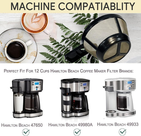 Reusable Coffee Basket Filter,12 Cup Replacement Filters Compatible with Hamilton Beach 2-Way Brewer Coffee Maker Models 49980A, 49980Z, 47650, 49933, 2PCS Single Serve & 8-12 Cup Basket Filter- 3in1