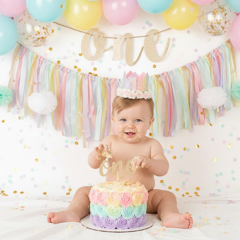 PapaKit Girls 1st Birthday High Chair Premium Decoration Set - Pastel Rainbow