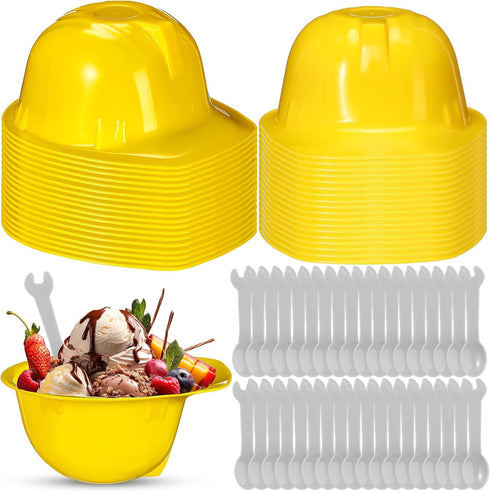 Uiifan 36 Sets Construction Hat Ice Cream Bowls Spoon Set Plastic Frozen