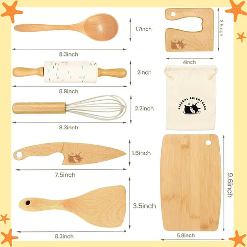 Set 8 Sets Wooden Kids Safe Knife and Kids Baking for Real Cooking, PCS Toddler Montessori Kitchen Tools, Cooking