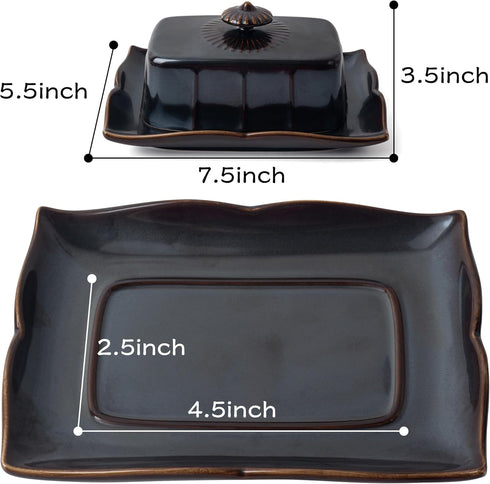 Countertop, 7.5 Inch Butter Dish with Lid for Large Ceramics Butter Dish Container, Butter Holder with Handle, Black