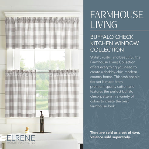 Elrene Home Fashions Buffalo-Check Tier Curtain Set, 30" x 24" (Set of 2 Tiers), Gray/White for Bathroom or Kitchen