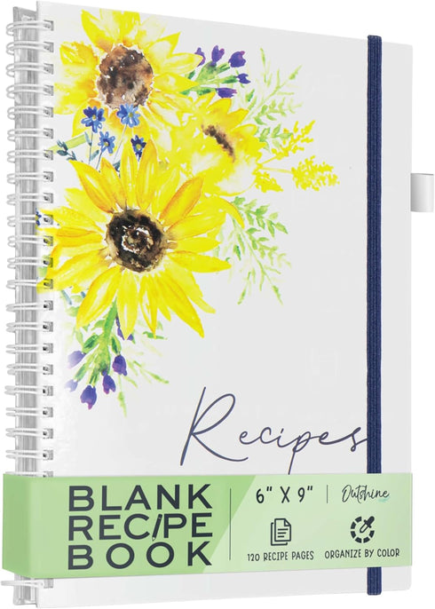 OUTSHINE 6x9 Sunflower Hardcover Recipe Binder: Blank Recipe Book for Your Own Recipes