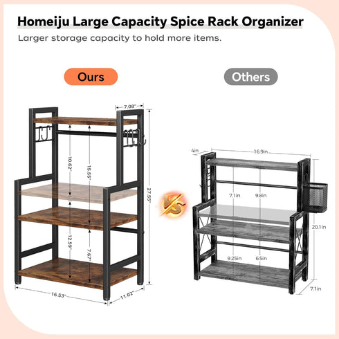 Kitchen Countertop Organizer, 3 Tier Large Spice Rack with Adjustable Shelf and 5 Hooks, Wooden Counter Organizer