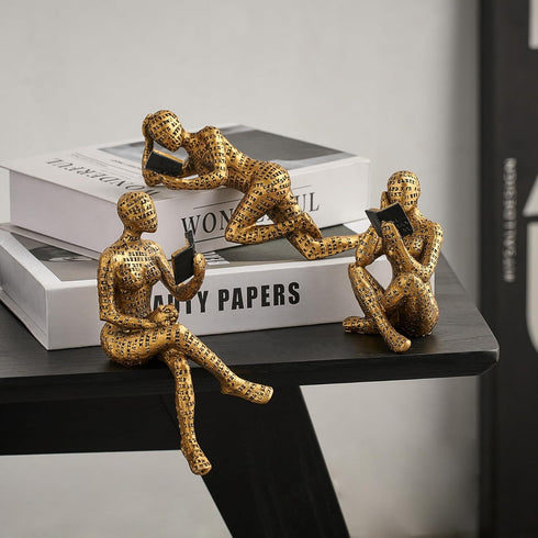 FJS 3Pcs Gold Thinker Statues Home Decor Accents, Pulp Reading Women Figurine