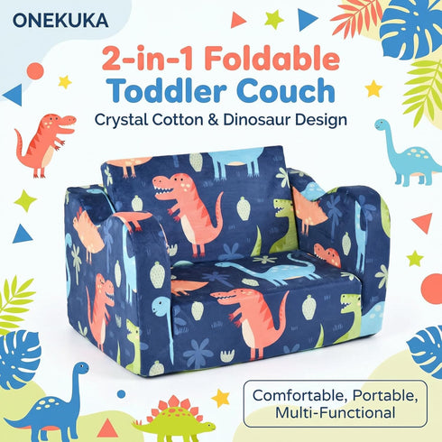 2-in-1 Kids Couch Sofa Toddler Sofa Dinosaur Foldable Toddler Couch Bed Flip Open Kids Chair for Playroom Bedroom Gift