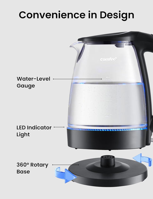 COMFEE' Electric Kettle, 1.7L Hot Water Boiler, 1500W Glass Electric Tea Kettle with Auto Shut-Off