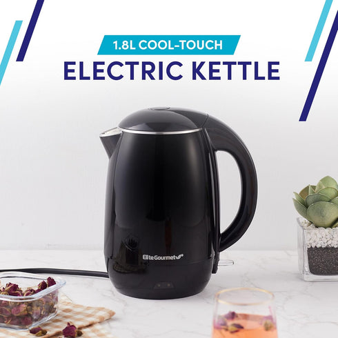 Elite Gourmet EKT1821 1.8L Double Wall Insulated Kettle, 1500W with Stainless Steel Interior, Auto Shut-Off, Black