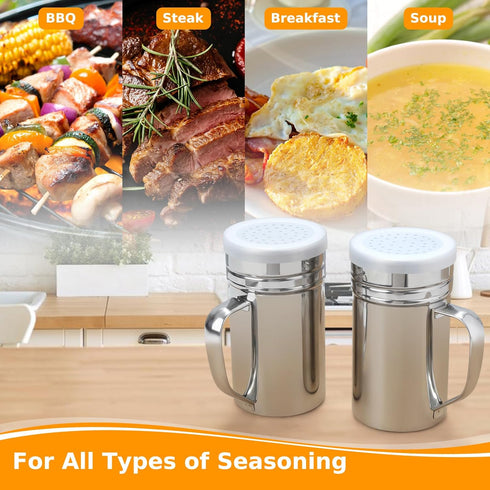Accmor 2pcs Stainless Steel Dredge, Salt Pepper Dredge Shakers with Handle, 14 Ounce Seasonings Spice Shakers with Lid