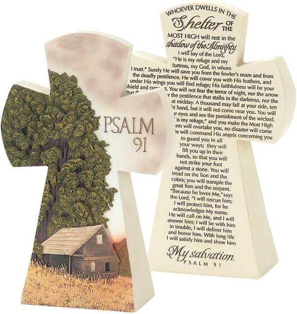 Dicksons Barn and Farm Scene Psalm 91 Cross, 7.5-Inch Resin Stone Table Top Figurine
