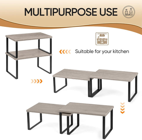 NEX Kitchen Cabinet and Counter Shelf Organizer, Set of 4, Stackable & Expandable, Black and Greige