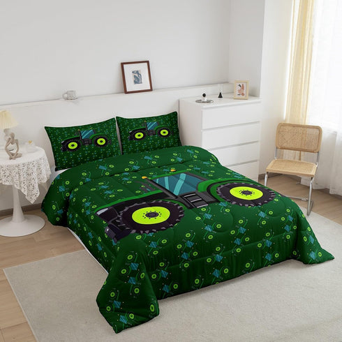 Set Set, Set, Erosebridal Boys Tractor Comforter Twin Size, Green Equipment Trucks Bedding Construction Excavator Down