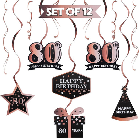 LINGTEER Happy 80th Birthday Decorations - 12 Pcs Black & Rose Gold Foil Swirls Streamer Set for Eighty Years Old Bday