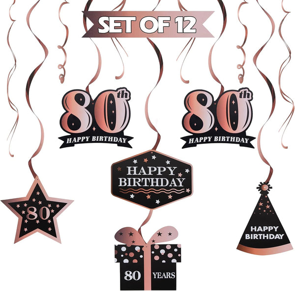 LINGTEER Happy 80th Birthday Decorations - 12 Pcs Black & Rose Gold Foil Swirls Streamer Set for Eighty Years Old Bday