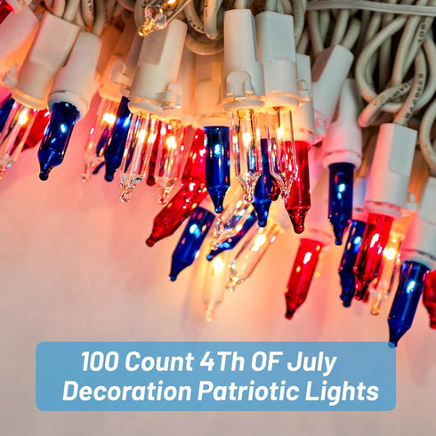 4th 100 Count 20 Yiaht of July Decorations Lights Red White & Blue Feet Patriotic Mini String Waterproof Independence