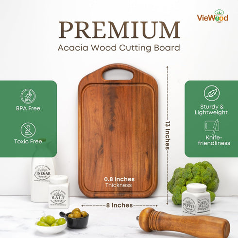 Acacia Wood Cutting Board with Juice Groove, Hanging Hole & Grip Handle for Meat, Vegetables and Cheese, Knife Friendly, Caperci Better Wood Chopping Board