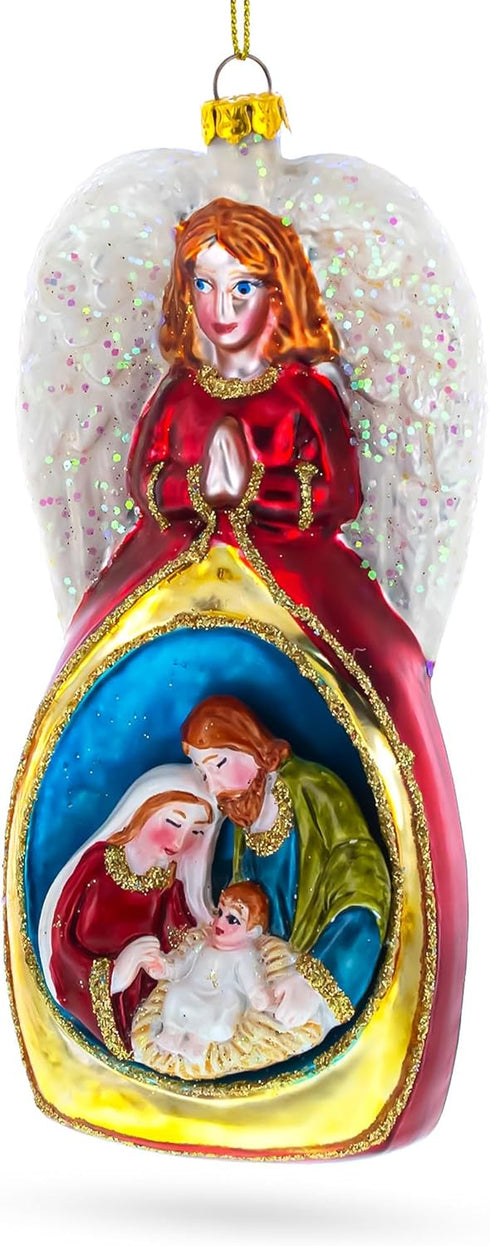 Angel Above Nativity Scene Blown Glass Christmas Ornament