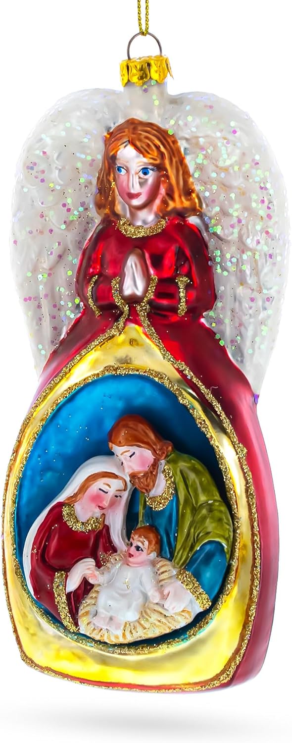 Angel Above Nativity Scene Blown Glass Christmas Ornament