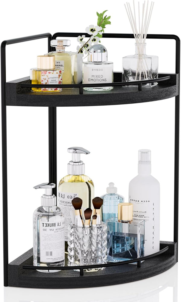 Corner Bathroom Counter Organizer, 2 Tier Wood Vanity Storage, Waterproof Skincare Shelf