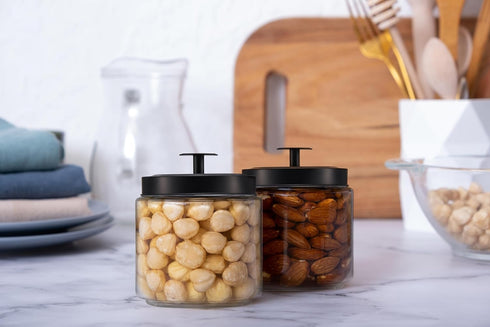 KooK Glass Kitchen Canister Set, Food & Storage Containers for Pantry, 50 oz, Black, Set of 2