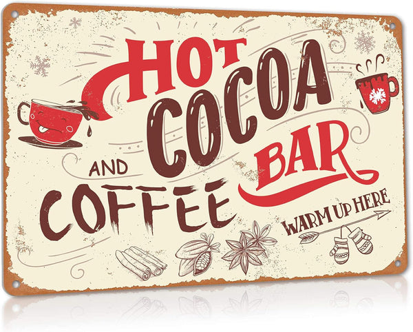 Vintage Christmas Hot Cocoa Bar Sign, Metal Wall Decor for Home Kitchen, Aluminum 8" x 12" Decorations