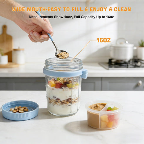 Torchero 4 Pack 16 oz Overnight Oats Containers with Lids and Spoons - Glass Mason Jars with Separate Compartments