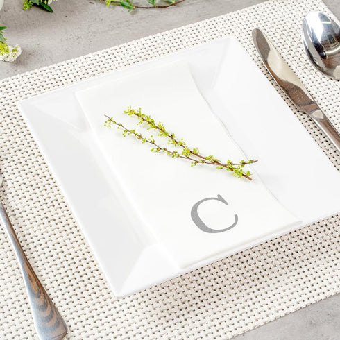 15.8 7.9 Inch 50 Luxenap X Linen-Feel Guest Towels, Lettered Hand Towels - Silver Letter 'C', Sans Serif Font, White