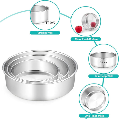 TeamFar 6/8/9 Inch Cake Pan Set - Stainless Steel Round Baking Pans for Cake, Brownie, Lasagna, Dishwasher Safe