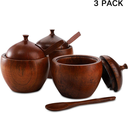 DEAYOU 3 Pack Wood Salt Box Spice Jar, Natural Wooden Salt Cellar with Lid and Spoon for Kitchen, Japanese Style