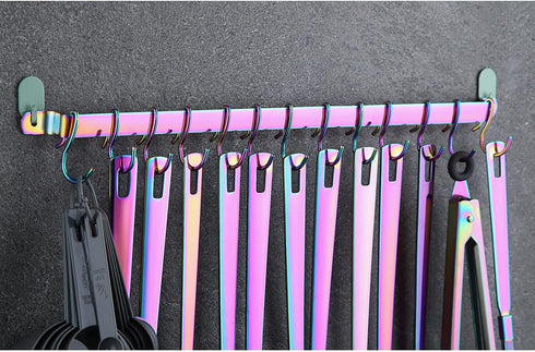 Kyraton Kitchen Rack with Rainbow Titanium Plating, Wall Mounted Gourmet Kitchen Rail Organizer with 14 Hooks