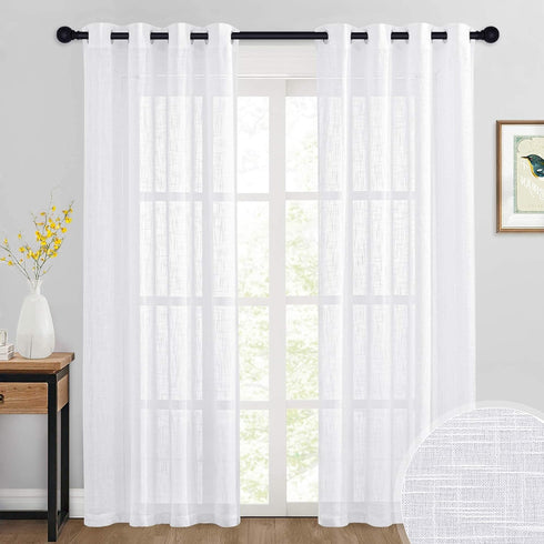 RYB HOME White Sheer Curtains - Linen Textured Wave Semi Sheer Window Curtain Set, 52 x 90 inches, 1 Pair