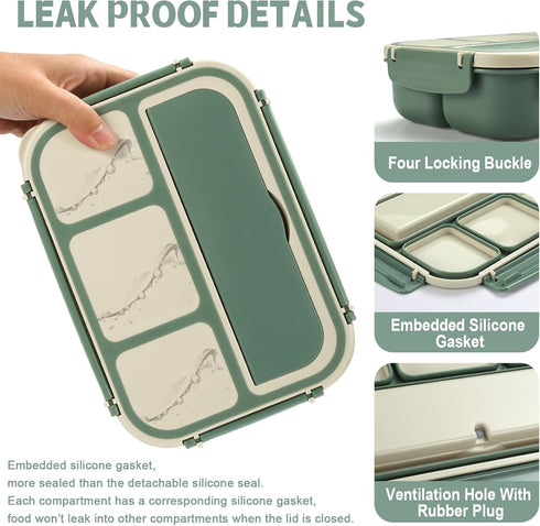 Bento Box Adult Lunch Box, 4 Compartment Containers with Utensils, Sauce Jar, Muffin Liners, 40 Oz, Green