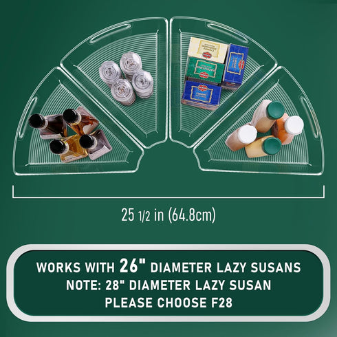 JEISSLIA 26"/ 28"/ 32" 1/8 26" 4 Pack) Lazy Susan Cabinet Organizer Bins for Diameter Corner Organizer, Plastic Cabinet