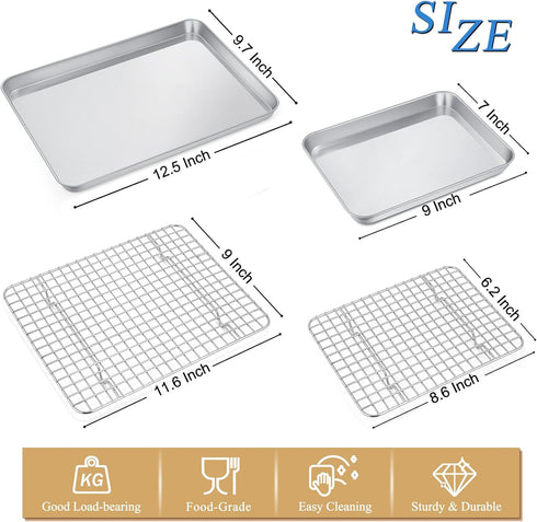 P&P CHEF Toaster Oven Pans Trays with Racks Set, 4 PCS (2 Pans + 2 Racks), Stainless Steel Small Baking Pan and Cooling Rack for Oven Baking Cooking, Healthy & Easy Clean, 2 Sizes - 12.5” & 9”