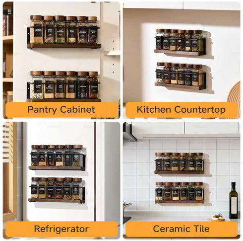 4-Tier 24 216 11.6L 2.4W 3.2H Wall Mount Spice Rack Organizer with Glass Jars, Labels & Funnel - Screw/Adhesive Mount