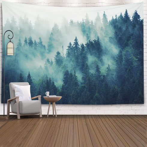 EMMTEEY Misty Forest Tapestry, Nature Scenic Mountain Tapestry, Green Tree Landscape Foggy Fir Pine Forest 80x60 Inches