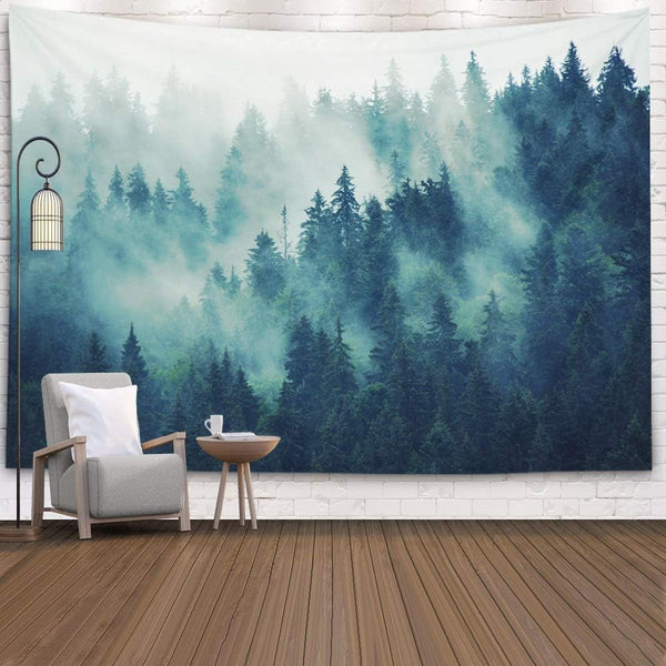EMMTEEY Misty Forest Tapestry, Nature Scenic Mountain Tapestry, Green Tree Landscape Foggy Fir Pine Forest 80x60 Inches
