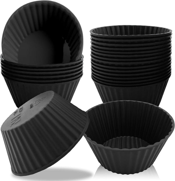 24 Pack Reusable Silicone Baking Cups, Non-stick Cupcake Liners for Party, Birthday, Halloween, Christmas (Black)