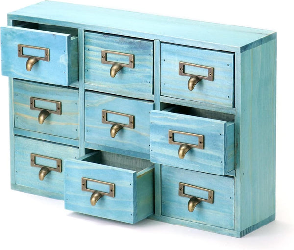 QWORK Wooden Vintage Apothecary Desk Drawer Organizer, 9 Drawers for Home Office and Bedroom Storage, Blue