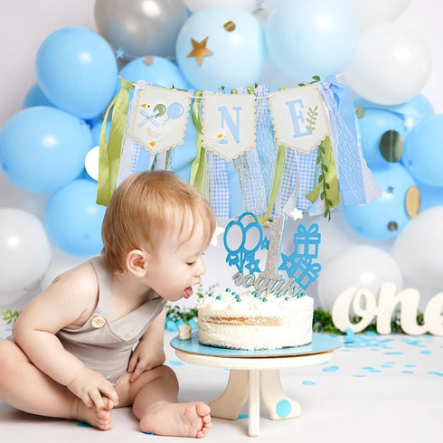 1st One Silly Goose High Chair Banner - Rustic Blue Ribbon Tassel Garland, NO DIY Required, Birthday Decoration