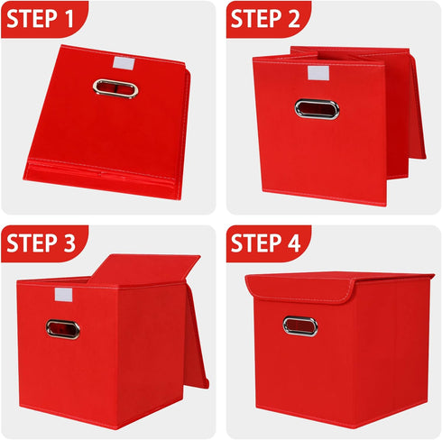 Closet Organizers Fabric Storage Bins with Lids - 3 Pack Collapsible Cube Storage Organizer Basket with Handles (Red)